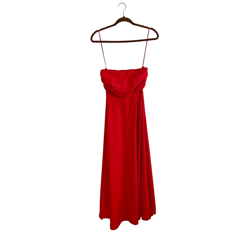 OYSHO Red Linen Blend Strapless Maxi Dress XS Smocked Back Pleated Bust Vacation